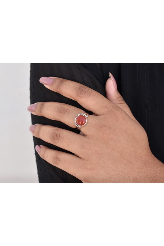 Round Orange Carnelian Sterling Silver Ring for Women, 925 Solid Silver Minimalist Promise Ring, August Birthstone Boho Jewelry, Handmade Healing Gemstone Ring