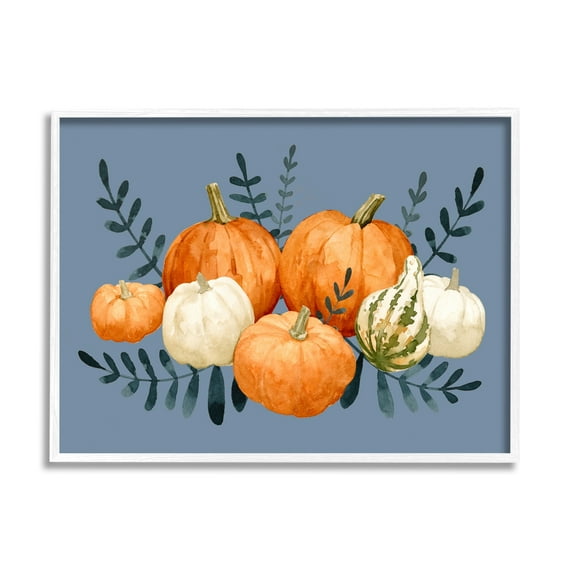 Round Orange Pumpkins Autumn Harvest Plants Leaves Botanical & Floral Painting Framed Art Print Wall Art