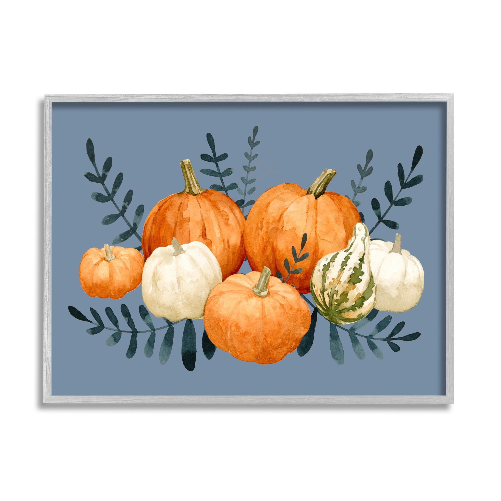 Round Orange Pumpkins Autumn Harvest Plants Leaves Botanical & Floral Painting Framed Art Print Wall Art