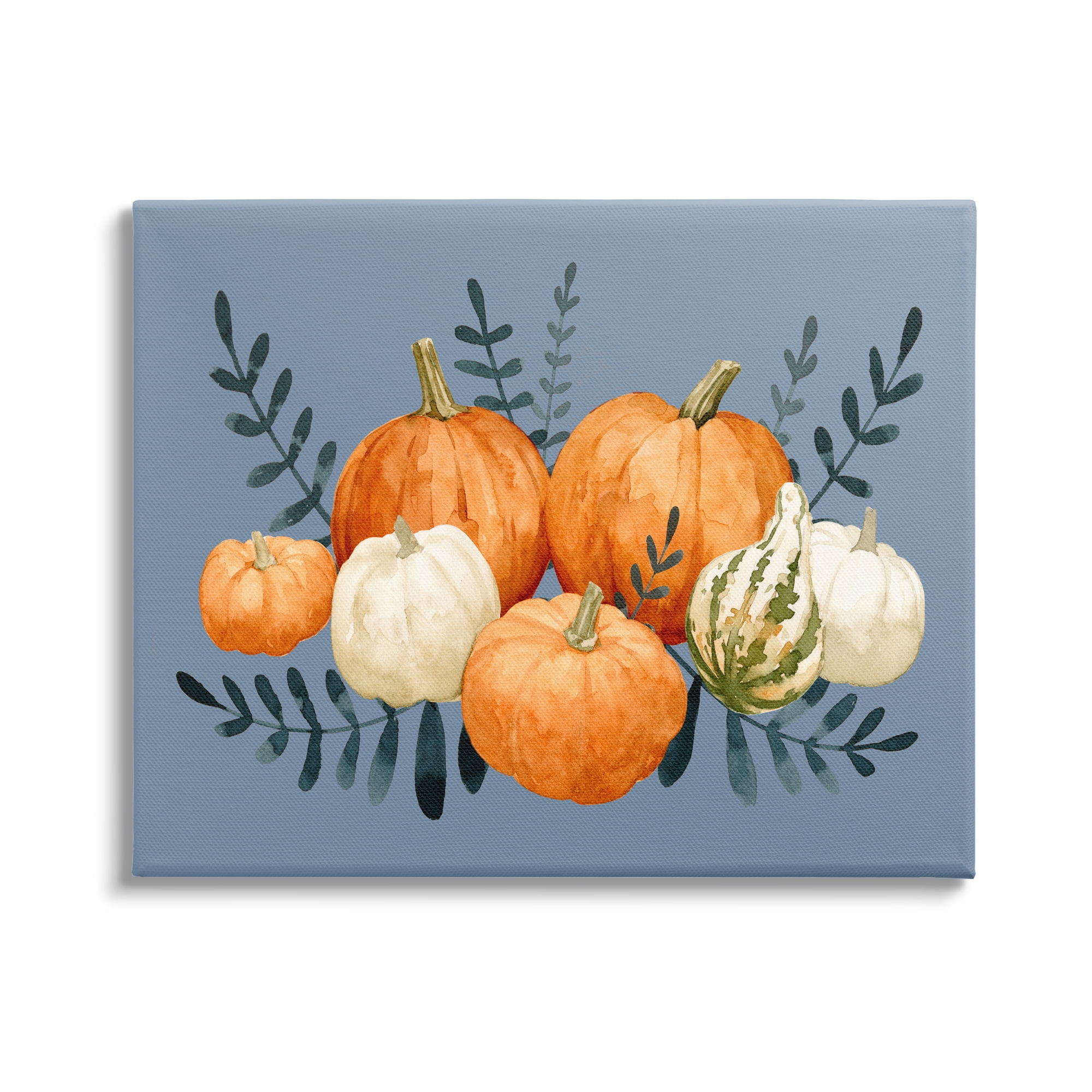 Round Orange Pumpkins Autumn Harvest Plants Leaves Botanical & Floral Painting Gallery-Wrapped Canvas Print Wall Art