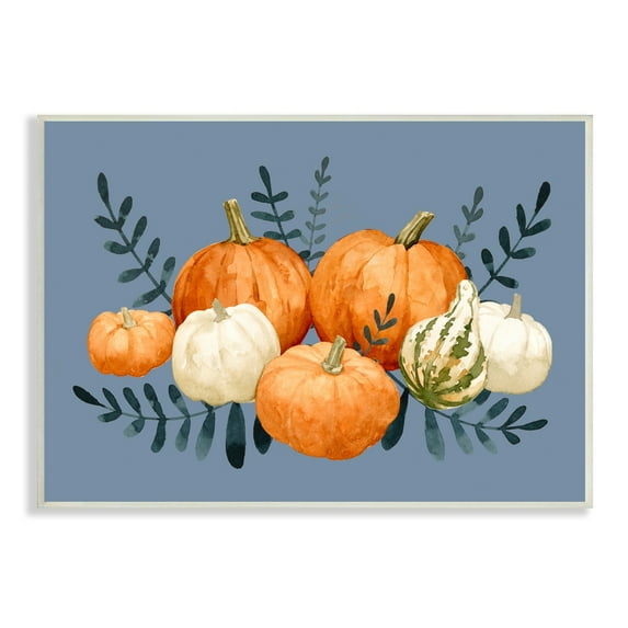 Round Orange Pumpkins Autumn Harvest Plants Leaves Botanical & Floral Painting Unframed Art Print Wall Art