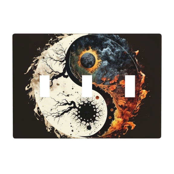 Round Oriental Symbol Burning 3 Gang Light Switch Cover Decorative Triple Toggle Wall Plate for Kitchen Bedroom Bathroom Living Room Decor