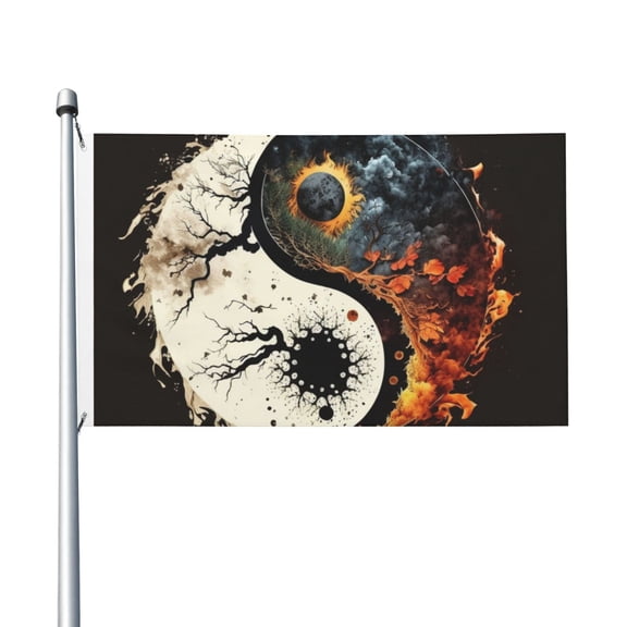 Round Oriental Symbol Burning Flag 3X5 Ft Garden Yard House Flags Banner Sign Outdoor Indoor Party Home Garden Decoration