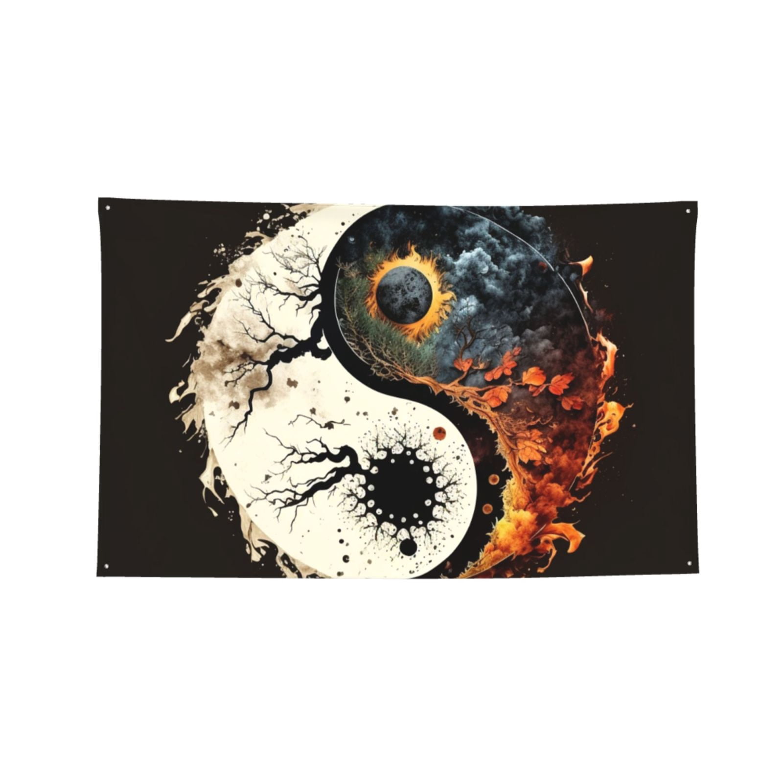 Round Oriental Symbol Burning Four Hole Decorated Banner Flag for Garden Yard Home Decoration Indoor Outdoor 4x6 Ft