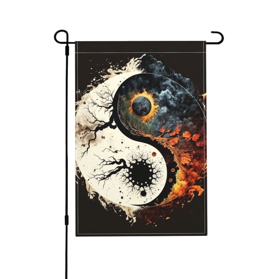 Round Oriental Symbol Burning Garden Flag Outdoor House Flags 12 X 18 Inch Banner Yard Home Decoration