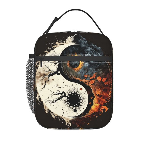 Round Oriental Symbol Burning Lunch Box Bag Insulated Lunchbox Reusable Tote Thermal Cooler Portable for Women Men