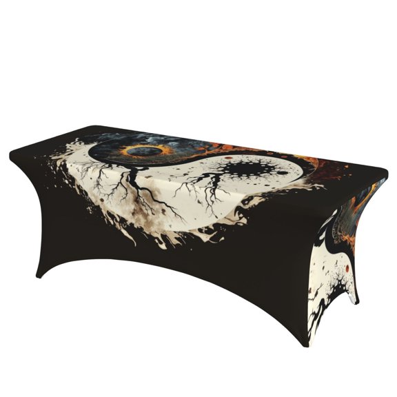 Round Oriental Symbol Burning Stretch Rectangular Table Cover 6FT Elastic Fitted Tablecloth for Parties, Weddings, Banquets