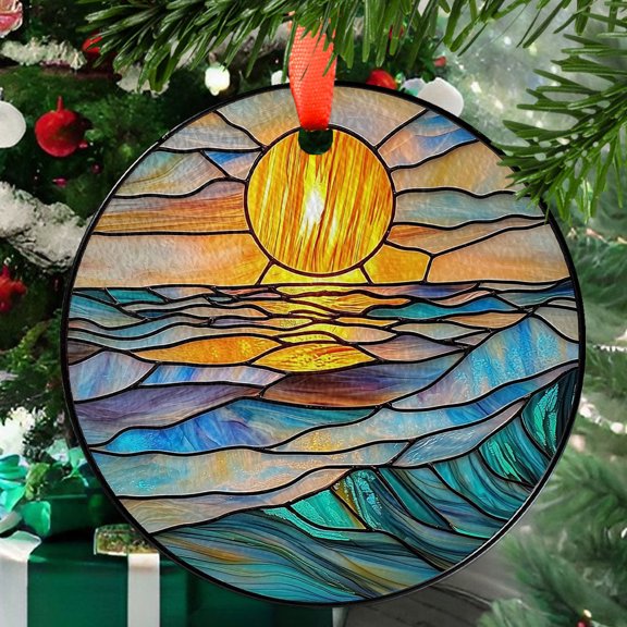 Round Ornament Suncatcher  Ocean Sunset with Glowing Sun, Waves in Blue, Aqua & Gold Tones  Coastal Window Hanging Art, 2025, Holiday Decoration, 2025, Holiday Decoration,