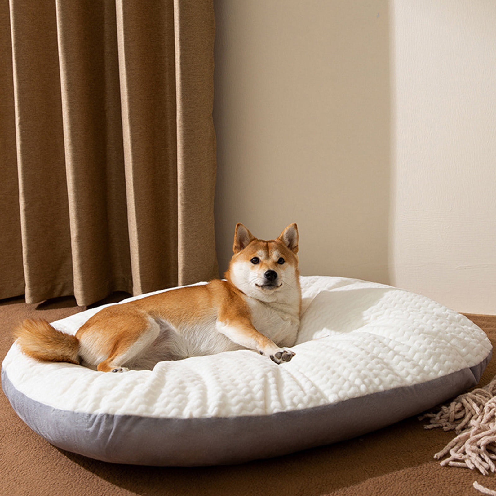 Round Orthopedic Dog Bed Mat, 17.32x13.39x2.76in Detachable Washable Plush Pet Cushion with Non-Slip Bottom, All Season Warm Dog Kennel Mat for Medium Dogs & Cats