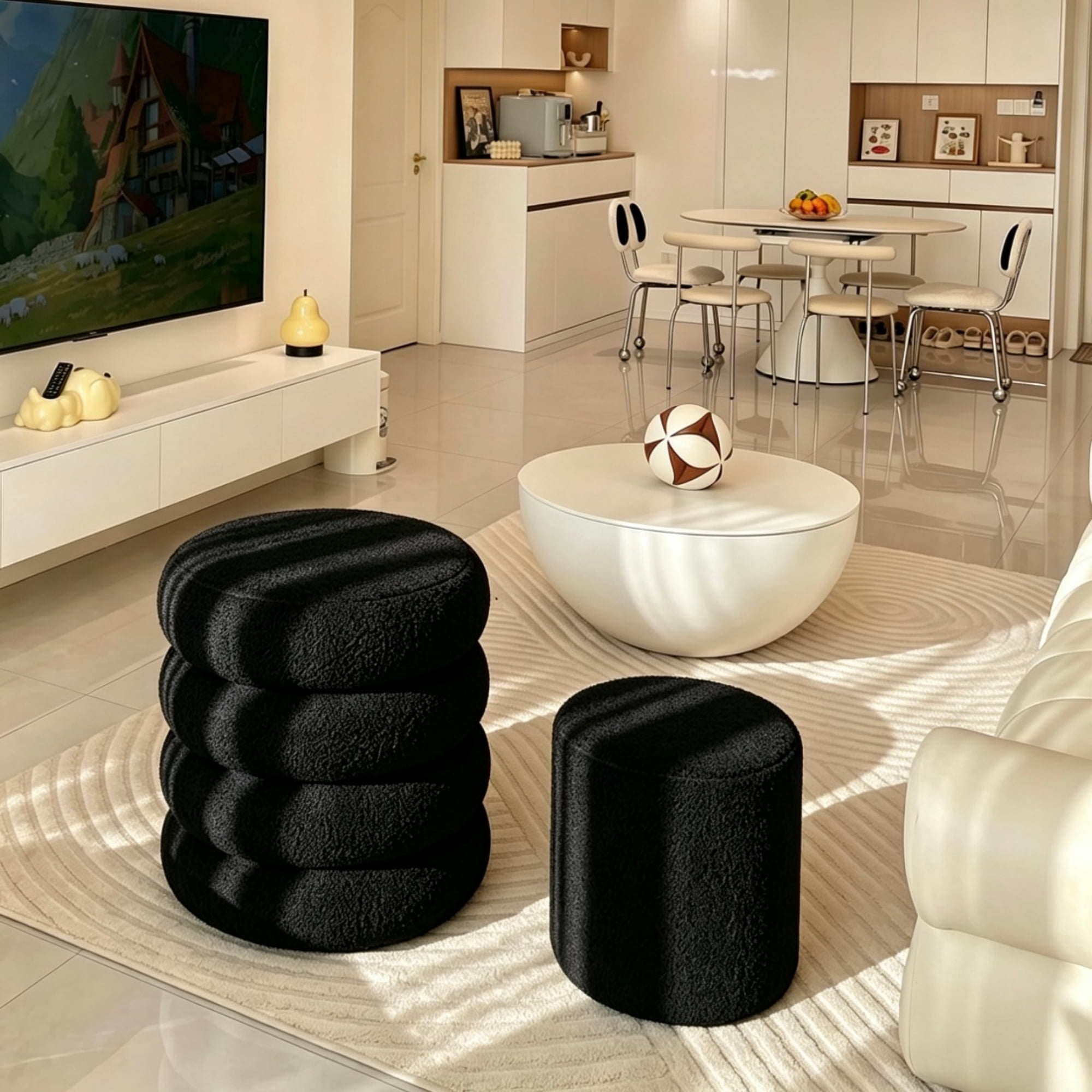 Round Ottoman 16.5 Inch, Storage Stool with Removable Lid for Living Room and Bedroom, Set of 2 Vanity Stools and Foot Rest, Black