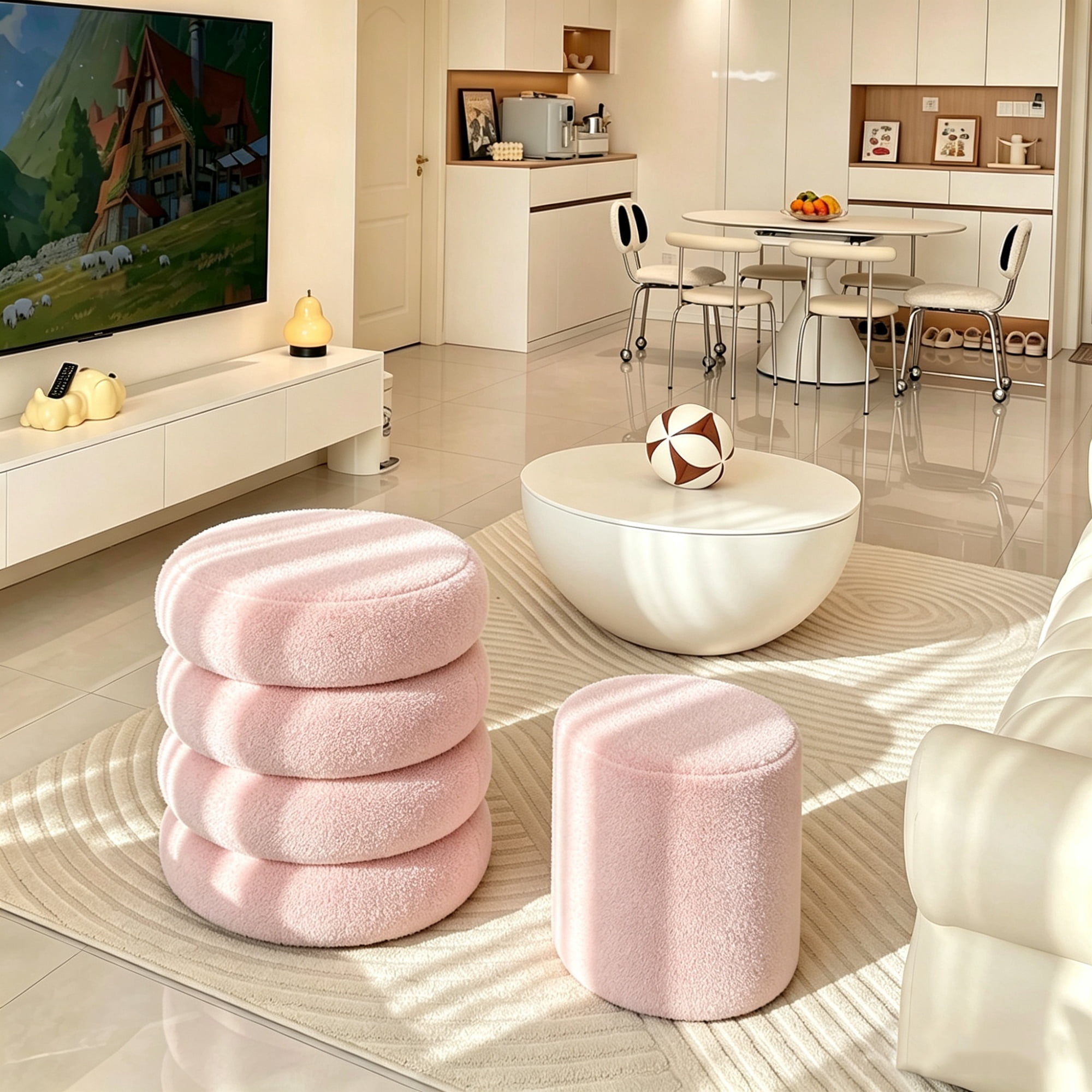 Round Ottoman 16.5 Inch, Storage Stool with Removable Lid for Living Room and Bedroom, Set of 2 Vanity Stools and Foot Rest, Pink