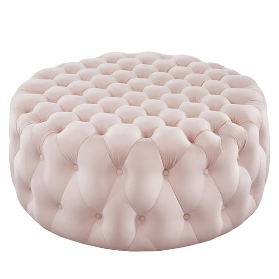 Round Ottoman Accent Tufted Chair , Pink, Velvet, Modern Contemporary, Living Lounge Cafe Room Hotel Lobby Hospitality