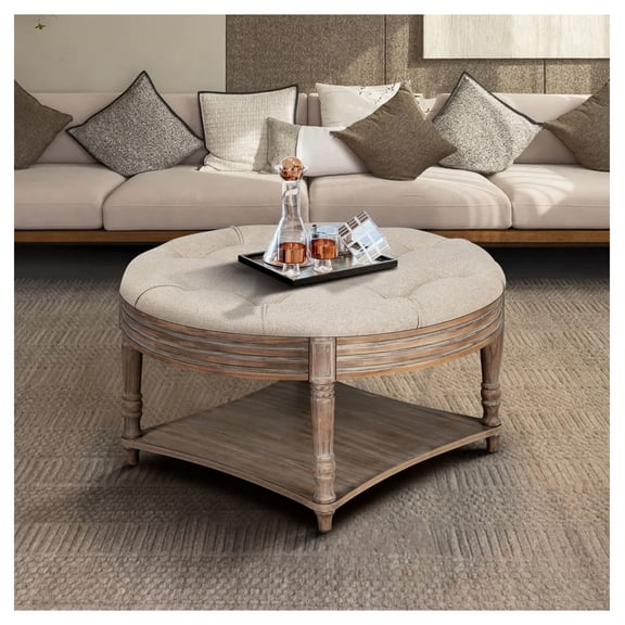 Round Ottoman Coffee Table, 31.5'' Linen Upholstered Storage Ottoman with Wooden Shelf, Tufted Footrest Stool for Living Room - Farmhouse Style