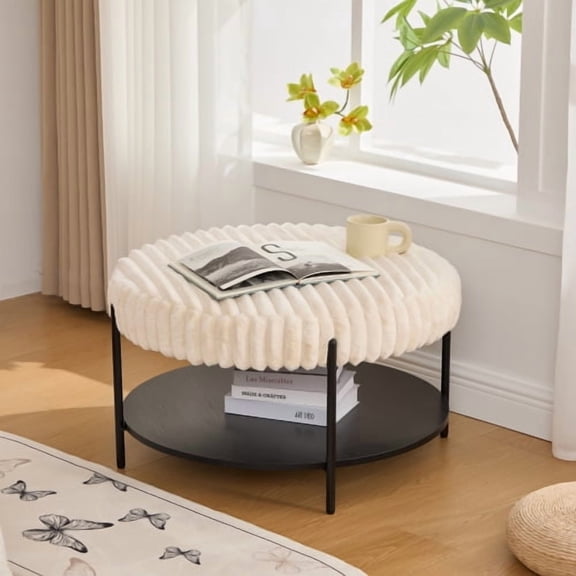 Round Ottoman Coffee Table Faux Fur, 30.9" Foot Rest with Black Metal Legs & Open Storage Shelf - Multi-Functional Footstool for Living Room, Beige