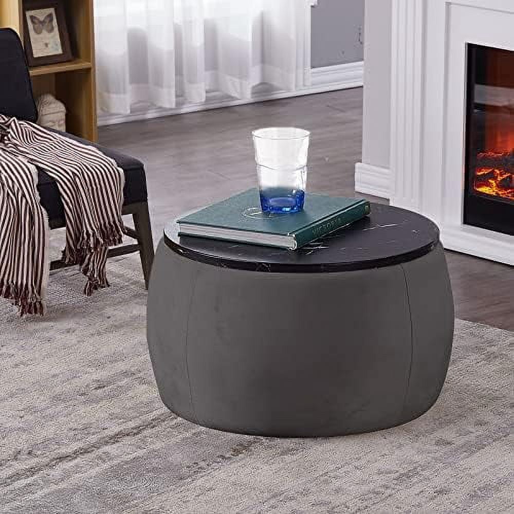 Round Ottoman Coffee Table with Wooden Lid Footstool End Table for ...