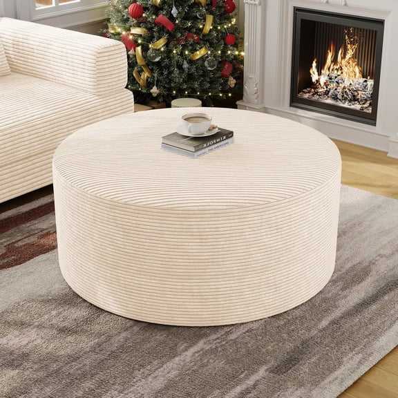 Round Ottoman,Corduroy Ottomans Foot Stool, 27.5" Pouf Footstool Seat, Footrest, Modern Side Table for Living Room Bedroom Home Decor No Assembly Require (Beige, 32")