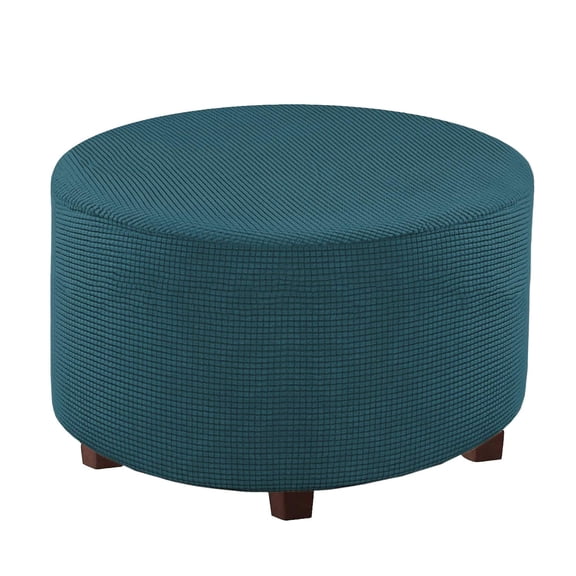 Round Ottoman Cover, Footstool Protector Covers Stretch Ottoman Slipcovers Plaid Storage Ottoman Slipcover Removable Washable for Dogs -Teal-Medium