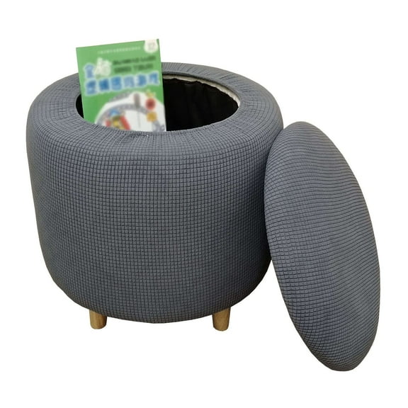 Round Ottoman Cover, Stretch Ottoman Slipcovers 2 Piece Soft Plaid Footstool Protector Covers with Elastic Bottom Storage Ottoman Slipcover for Dogs Cats-Blue-Round