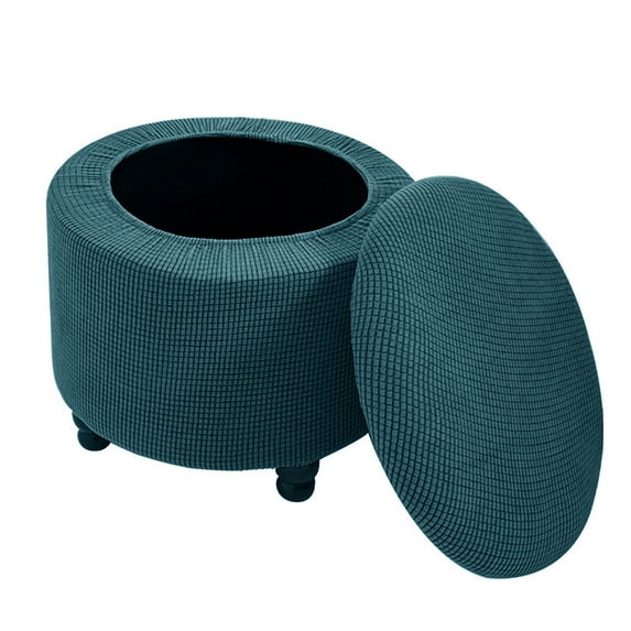 Round Ottoman Cover Stretch Storage Round Ottoman Slipcover Jacquard Folding Storage Round Ottoman Cover Footrest Stool Slipcover Footstool Protector Cover with Elastic Bottom-Blue Green-17.7"-25.6"