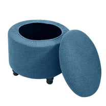 Round Ottoman Cover Stretch Storage Round Ottoman Slipcover Jacquard Folding Storage Round Ottoman Cover Footrest Stool Slipcover Footstool Protector Cover with Elastic Bottom-Blue-17.7"-25.6"