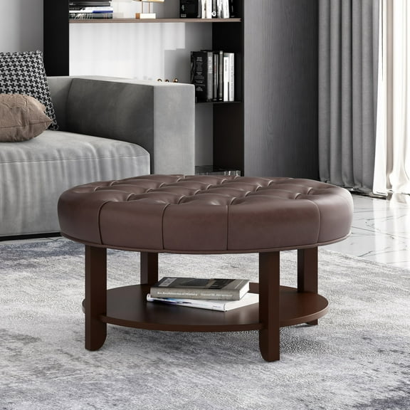 Round Ottoman, Double Layered Sofa Side Table Coffee Table, Faux Leather Circle Sofa End Table Footrest for Living Room Bedroom Office, Dark Brown