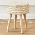 thumbnail image 1 of Round Ottoman Footstool Natural Seagrass Foot Stool Pouf Ottomans with Solid Wood Legs Hand Weave Hyacinth Footrest Step Stool for Living Room Balcony Garden Natural & White, 1 of 13