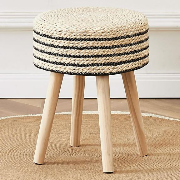 Round Ottoman Footstool Natural Seagrass Foot Stool Pouf Ottomans with Solid Wood Legs Hand Weave Hyacinth Footrest Step Stool for Living Room Balcony Garden Natural & Black