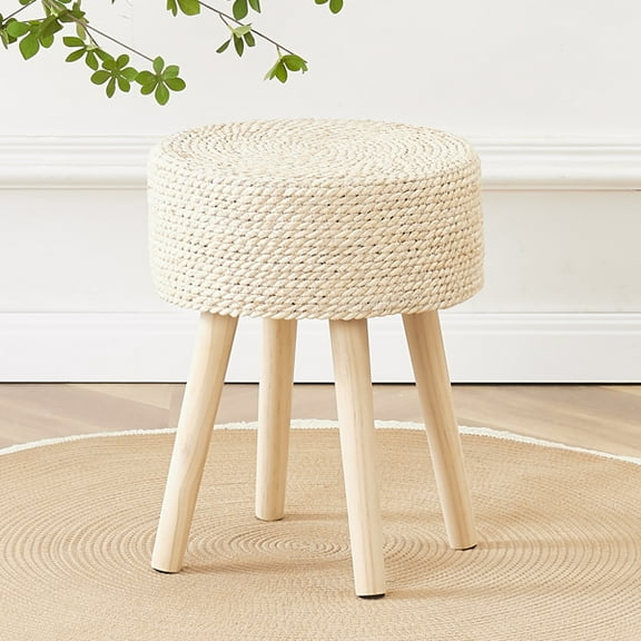 Round Ottoman Footstool Natural Seagrass Foot Stool Pouf Ottomans with Solid Wood Legs Hand Weave Hyacinth Footrest Step Stool for Living Room Balcony Garden Natural