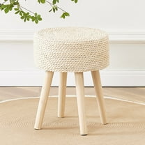 Round Ottoman Footstool Natural Seagrass Foot Stool Pouf Ottomans with Solid Wood Legs Hand Weave Hyacinth Footrest Step Stool for Living Room Balcony Garden Natural