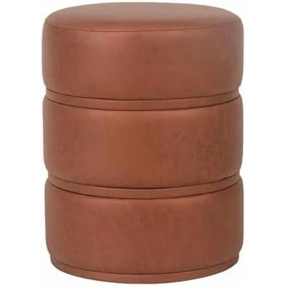 Round Ottoman, Modern Faux Leather Ottoman Foot Rest for Couch Upholstered Circle Foot Stools Ottomans for Living Room, Bedroom Foot Rest Vanity Stool Chair, Brown