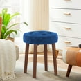 thumbnail image 1 of Round Ottoman, Multifunctional Vanity Stool Velvet Round Ottoman Modern Dressing Stool with Wood Legs for Living Room, Bathroom, Makeup Blue, 1 of 11