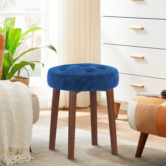 Round Ottoman, Multifunctional Vanity Stool Velvet Round Ottoman Modern Dressing Stool with Wood Legs for Living Room, Bathroom, Makeup Blue