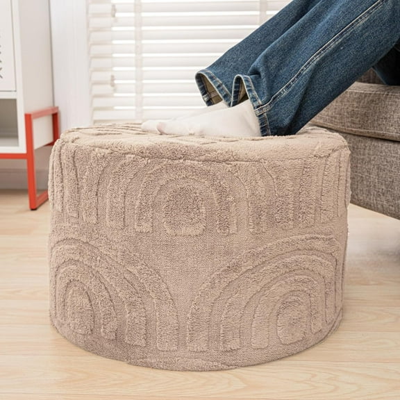 Round Ottoman Pouf Ottoman Foot Stool Seat Faux Fur Bean Bag Foot Rest Floor Chair Leg Rest for Living Room, Bedroom or Wedding Gifts 20x20x14 Inches (Khaki)