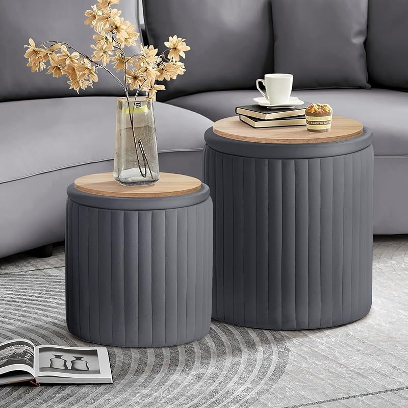IWMH Set Of 2 Round Boucle Ottomans With Storage - Vanity Stool, Footrest, Coffee Table, For Living Room & Bedroom