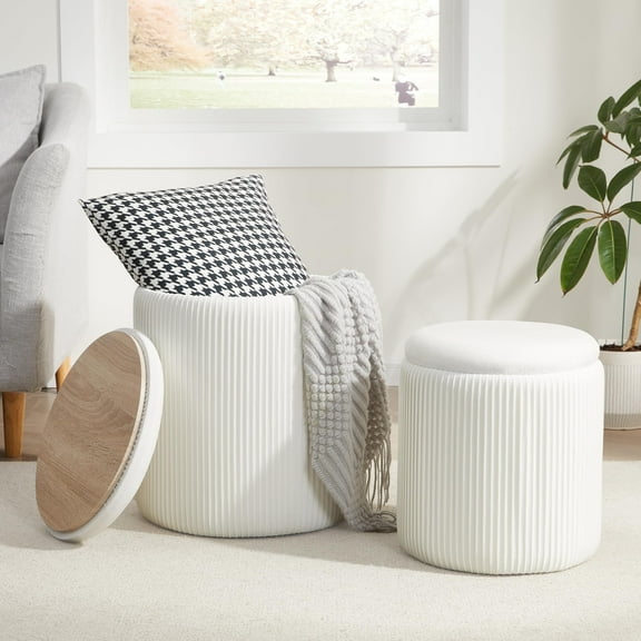 Onail Round Ottoman with Storage Set of 2,Vanity Stool with Storage for Bedroom, Ottoman Coffee Table,Small Velvet Foot Stool for Living Room,White