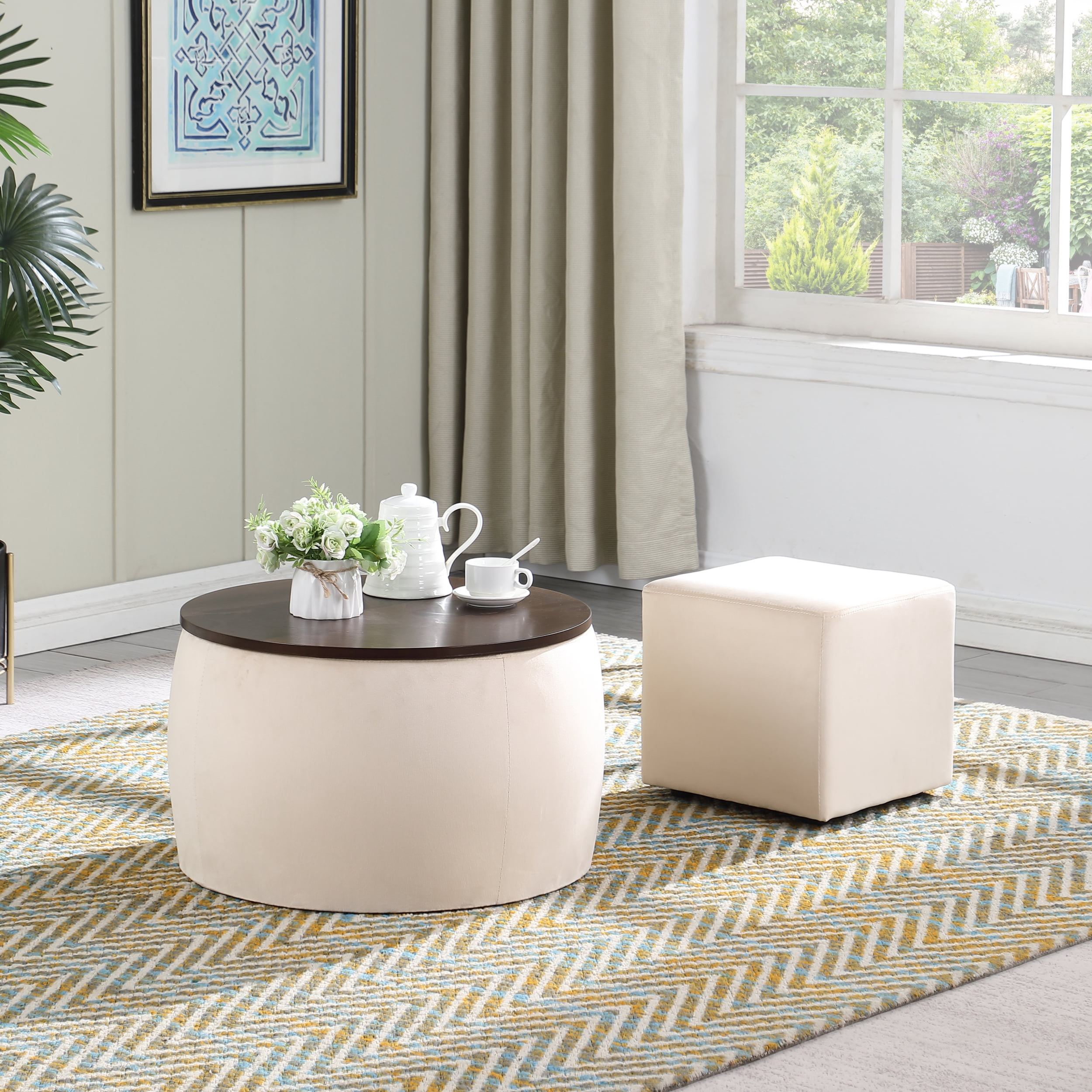 Round Ottoman Set with Storage, 2 in 1 combination, Round Coffee Table ...