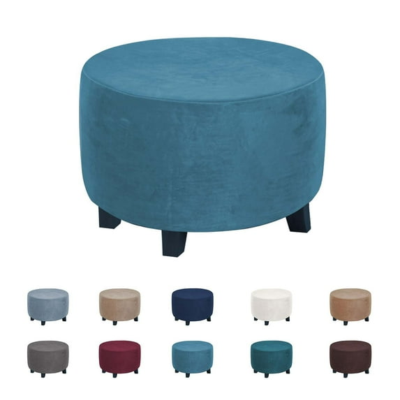 Round Ottoman Slipcovers Stretch Cover Soft Velvet Non Slip Footstool Cover-Peacock blue-Large