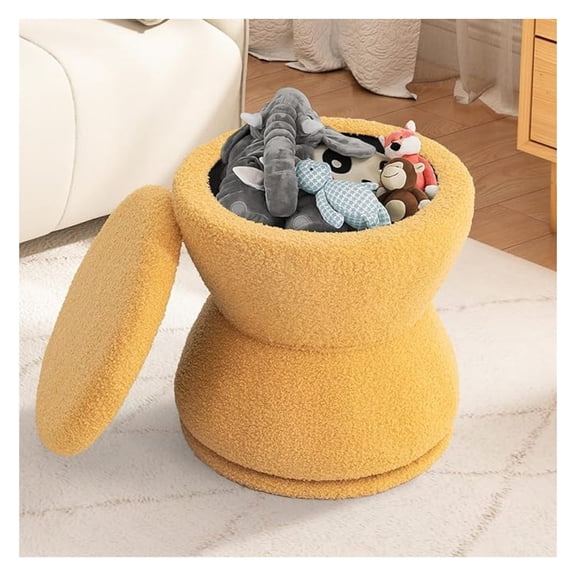 Round Ottoman with Storage, 360Swivel Vanity Stool Chiar with Wooden Frame, Small Makeup Chair Comfy Foot Stool with Thick Padded for Living Room, Bedroom, Entryway