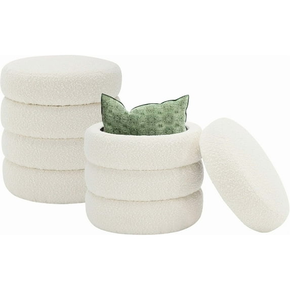 Round Ottoman with Storage Boucle Ottoman Stool with Storage Removable Lid for Living Room Modern Vanity Sorage Stool Foot Rest Bedroom Dorm Gifts Set of 2 (White)