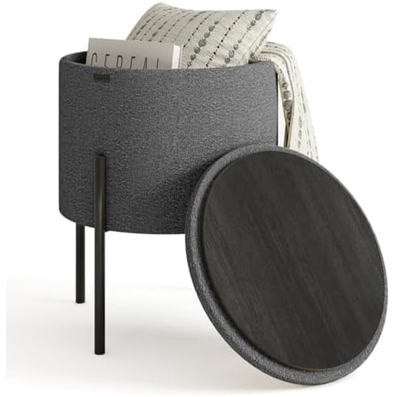 Round Ottoman with Storage, Boucle Storage Foot Stool, Makeup Vanity Stool, Small Ottoman Foot Rest, Modern Ottomans for Living Room and Bedroom, Grey