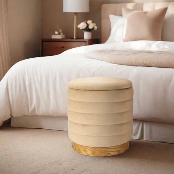 Round Ottoman Storage Box Dutch Velvet Pouffe Footstool 15.5'' Padded Stool Seat with Wooden Base, Footrest Vanity Stool with Lids for Bedroom Living Room Balcony(Cream Horizontal Line)$$Furniture