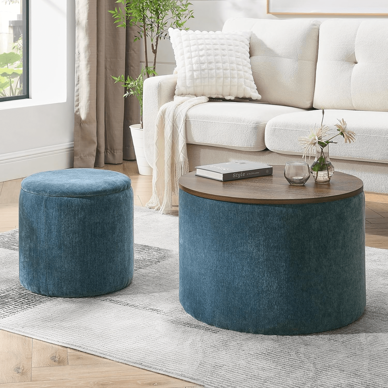 Round Ottoman with Storage Round Chenille Storage Ottoman With A Drum Shaped Small Stool MDF ...