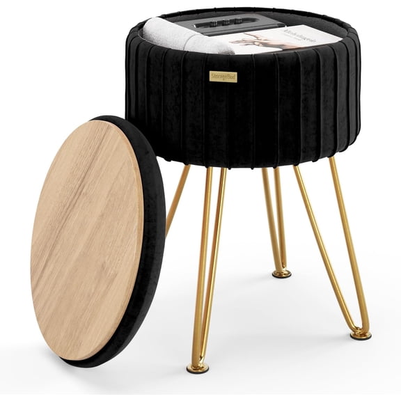 Round Ottoman with Storage, Pleated Velvet Storage Ottoman, Foot Stool Ottomans, Makeup Vanity Stool, Small Ottomans Rest, Modern Stools for Living Room and Bedroom, Black