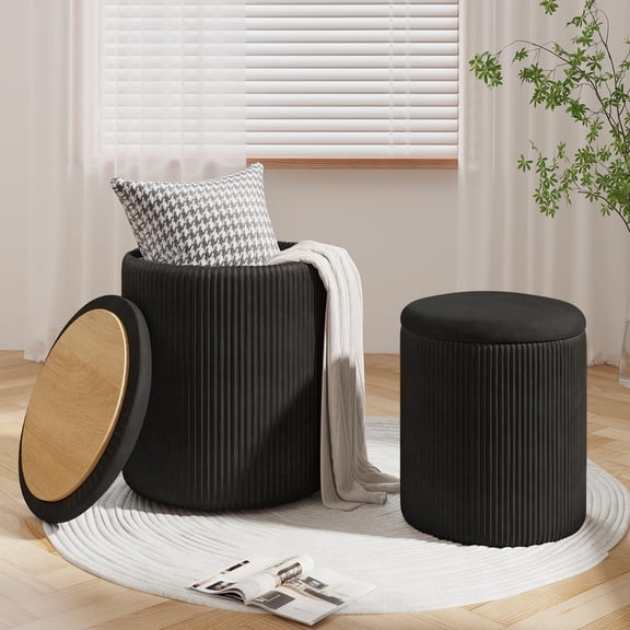 Round Ottoman with Storage, Round Ottoman Vanity Stool with Storage Set of 2, Round Storage Ottoman, Multifunctional Velvet Storage Ottoman Round, Small Black Ottoman Foot Rest for Living Room