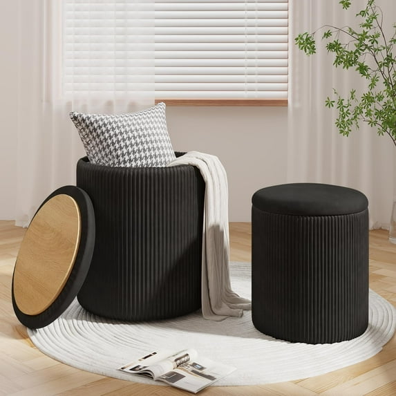 Round Ottoman with Storage, Round Ottoman Vanity Stool with Storage Set of 2, Round Storage Ottoman, Multifunctional Velvet Storage Ottoman Round, Small Black Ottoman Foot Rest for Living Room
