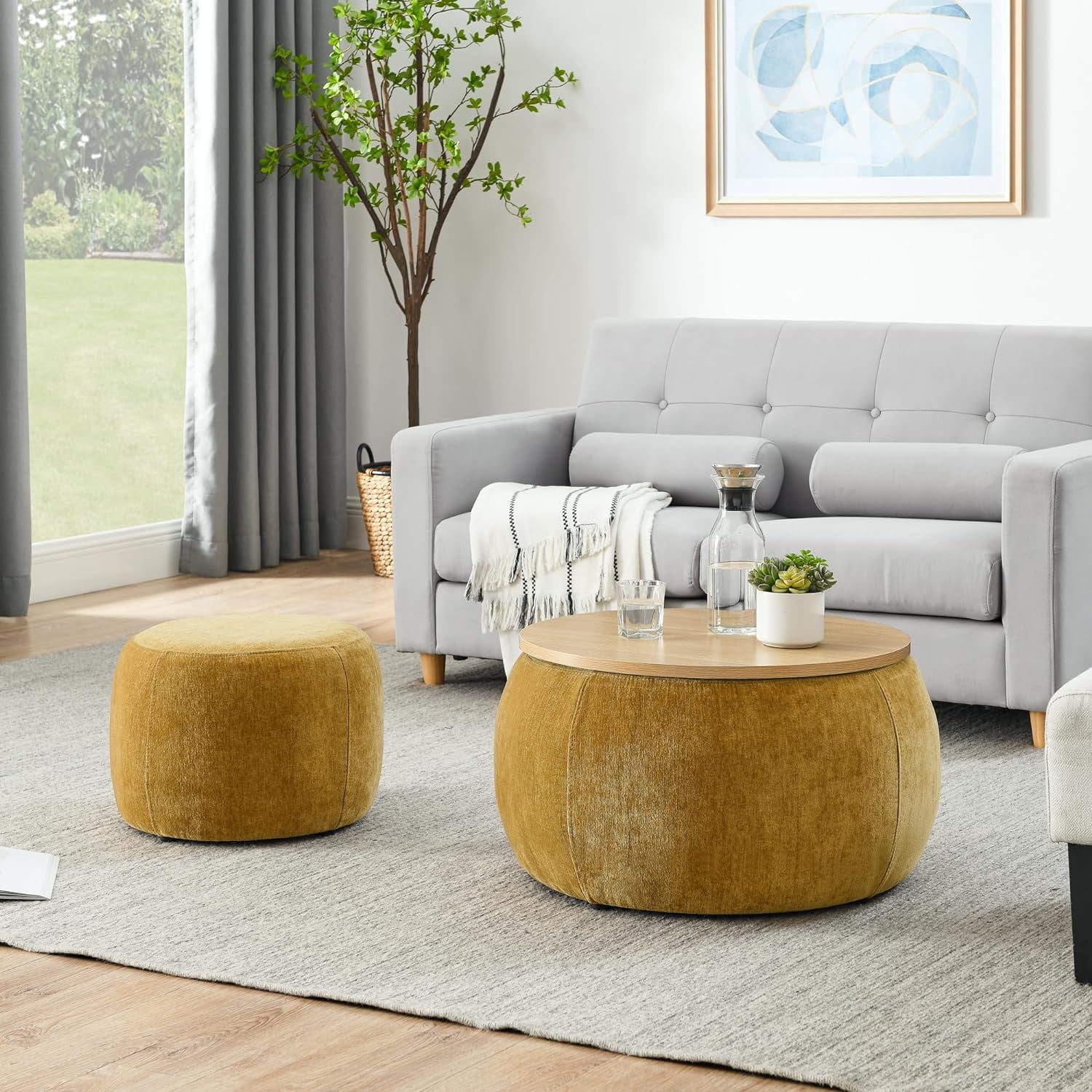Round Ottoman with Storage Set of 2, 25" Large Upholstered Storage ...