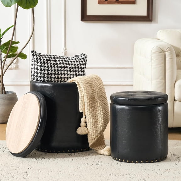 Round Ottoman with Storage Set of 2, Faux Leather Button Tufted Stool, Storage Ottoman Coffee Table, Small Leather Foot Rest Stool for Living Room, Bedroom, Black