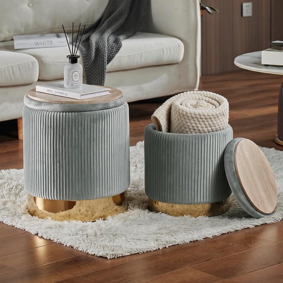 Round Ottoman with Storage Set of 2 Light Gray Velvet Vanity Stool | Upholstered,Small Ottoman Coffee Table, Removable Lid,Foot Stool for Living Room,Bedroom,Assembly Free,Gold and Light Gray