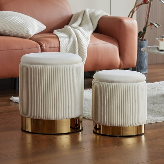 Round Ottoman with Storage Set of 2, Off-White Velvet Storage Ottoman for Living Room, Round Storage Ottoman, Ottoman Chair, Gold Ottoman with Storage, Accent Chair, Modern Ottoman