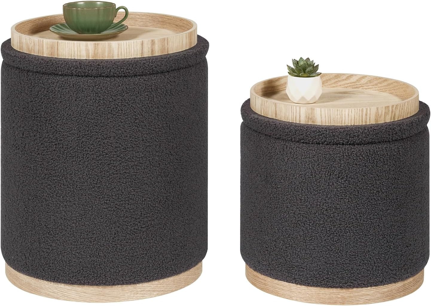 Round Ottoman with Storage Set of 2, Storage Ottoman with Tray, Teddy ...